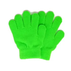 Neon green solid color women children acrylic yarn knitted warm stretch magic wool mittens winter gloves