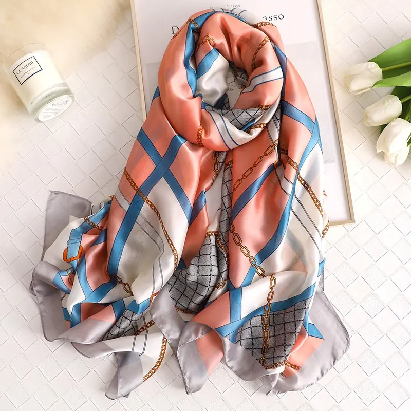 100 silk polyester material fashion chain and checked print scarf