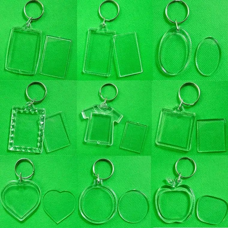 DIY فارغة الحلي الاكريليك سلسلة مفاتيح إدراج صورة Keyrings البلاستيك اختيار الأشكال 500 قطعة