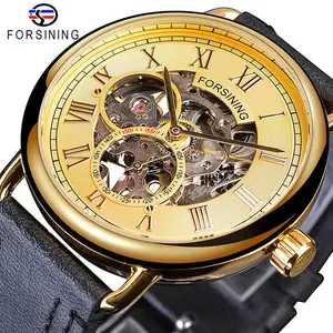 Forsining الكلاسيكية أسود ذهبي هيكل عظمي ساعة تصميم للماء الساعات الميكانيكية للرجال أعلى العلامات التجارية الفاخرة Montre omme