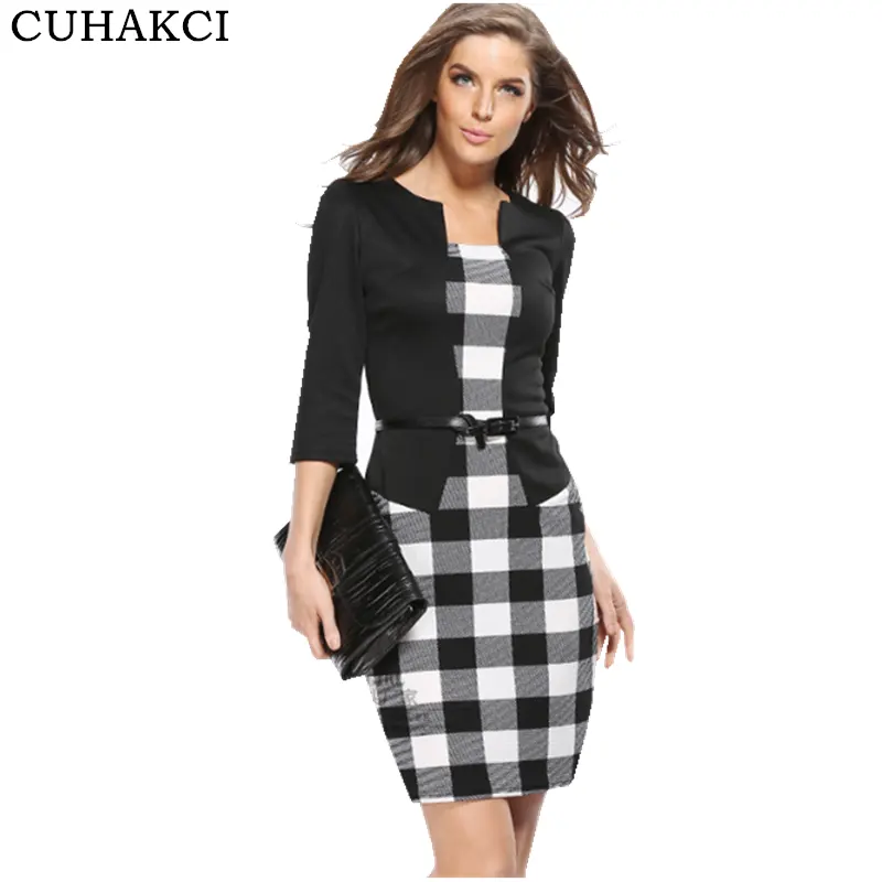 Spring Autumn Fashion Patchwork Bodycon Dresses Ladies Long Sleeve Straight Office Career Working Dress Wholesale