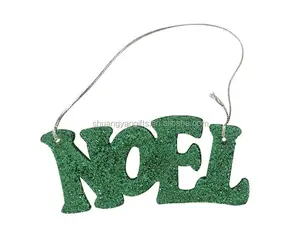 Wooden christmas "NOEL" letter hanging ornaments for XMAS tree with yellow shining glitter