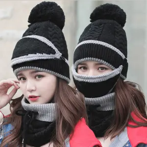 Groothandel Winter Vrouwen Muts Sjaal Masker 3 Stuk Sets Met Pompom