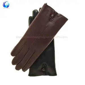 Winter rabbit fur lined women brown nappa leather touch screen gloves