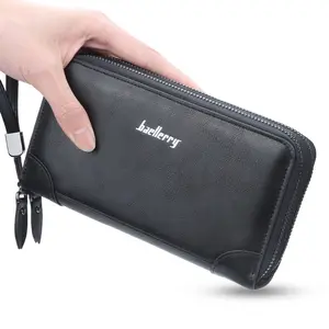 2019 Baellerry 새로운 도매 더블 지퍼 PU 가죽 긴 지갑 남자 휴대 전화 지갑 클러치 핸드 스트랩