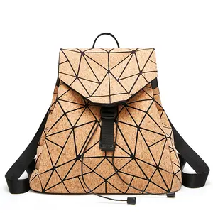 Mochila geométrica ecológica natural, moda vegan, feminina, elegante, de cortiça, de madeira