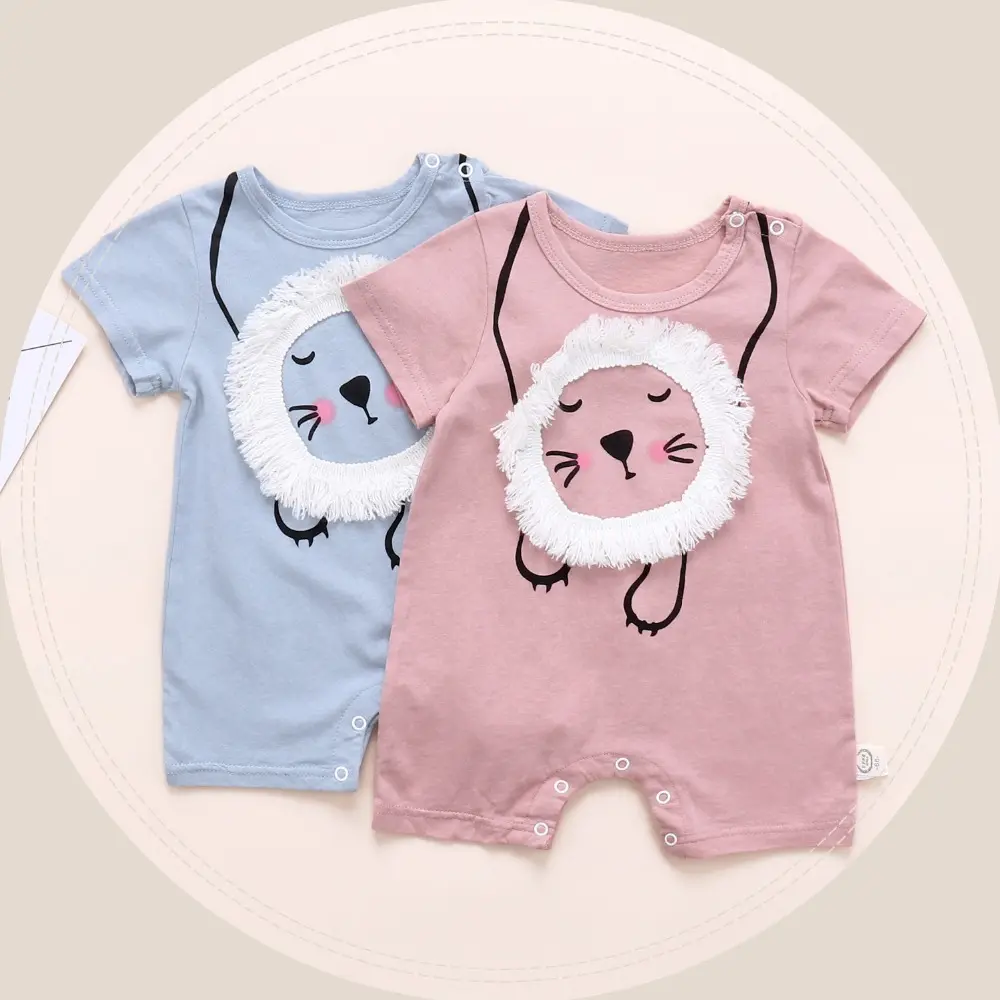 아기 옷 자수 사자 디자인 단색 유아 Rompers 중국 공급 업체에서 $1 가져 오기