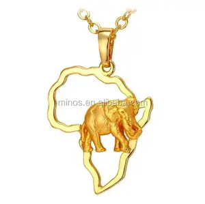 18K Gold Plated African Map Shaped Pendant Necklace Elephant Design Ethiopian Jewelry