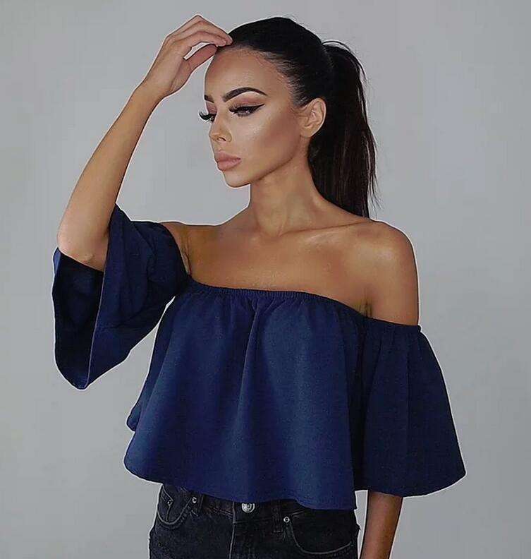Blencot Womens 3/4 Ruffle Sleeve Chiffon Off Shoulder Tops