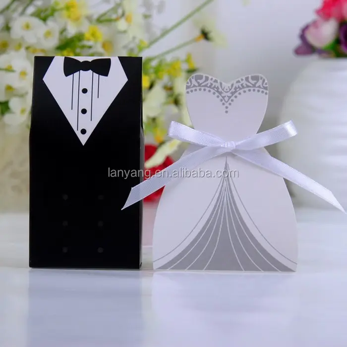 Kotak Hadiah Pengantin Gaun Tuxedo Pengantin Pria Pita Hadiah Pernikahan Kotak Permen untuk Kesukaan Pesta Pernikahan