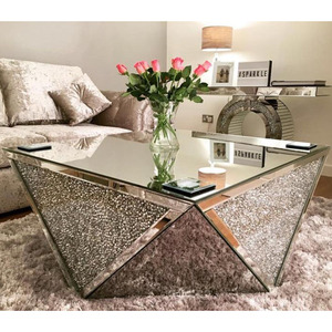 <span class=keywords><strong>Table</strong></span> basse miroir <span class=keywords><strong>4</strong></span> faces diamant concassé fait main
