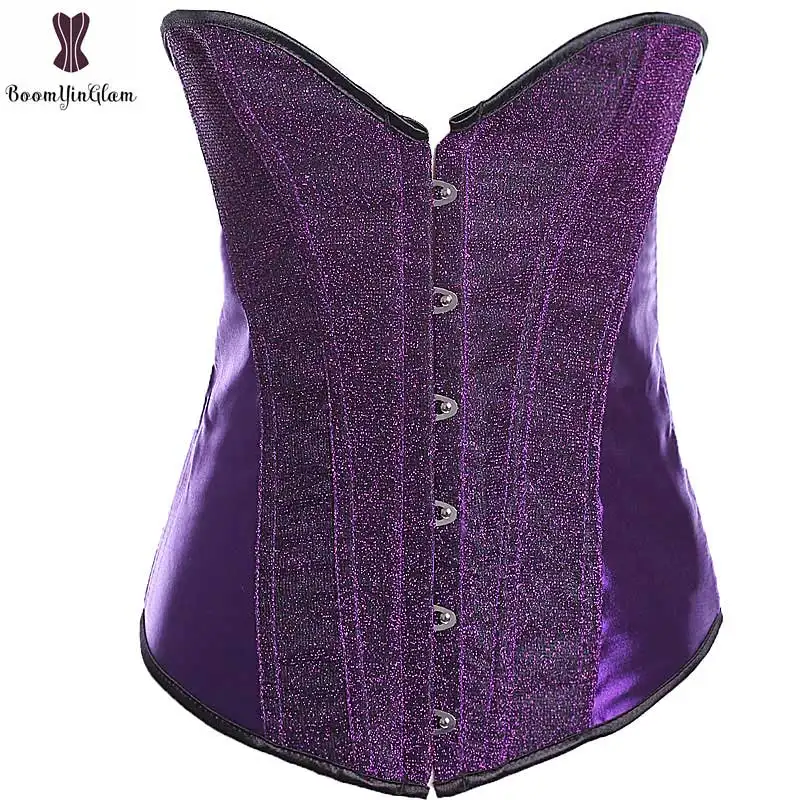 Wholesale Solid Color Sparkle Shining Fabric Fish Boned Overbust Women Bustier & corsets Purple Corset For Outfit