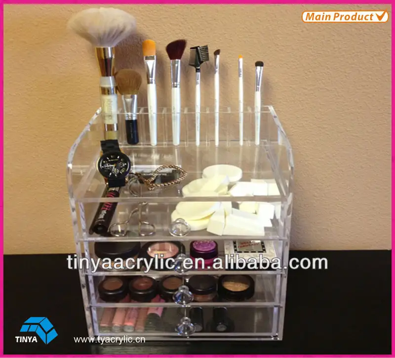 Acrilico trasparente trucco cosmetico cube 3 cassetto organizzatore con il cristallo maniglia makeup brush holder