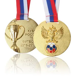 Koper Verguld Custom 3D Dubbele Logo Voetbal Sport Award Medaille Met Sublimatie Lint Lanyard