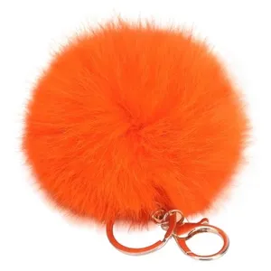 Real Fox Fur Pom Pom Ball Keychain Handbag Tote Bag Gold Key Ring Pendant Charm