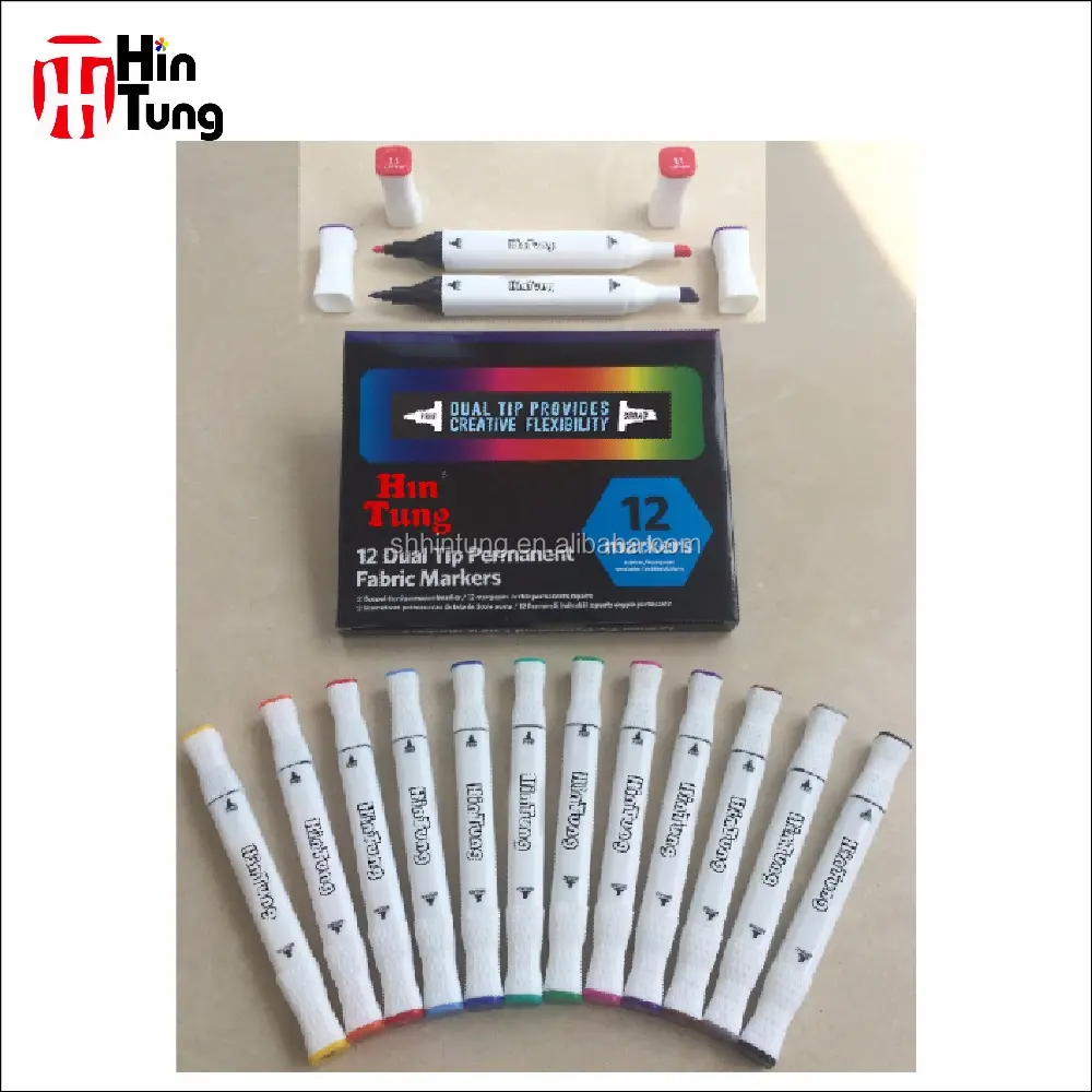 비 독성 무료 샘플 12pcs 듀얼 팁 영구 직물 마커
