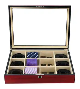 Display Case for 12 Ties Cherry Wood Storage Box tie box