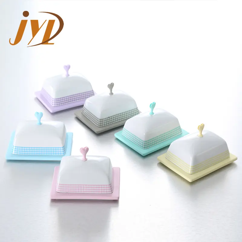 High quality modern rectangle shaped white porcelain serving plate butter dish with lid cover and color silicone knife holder