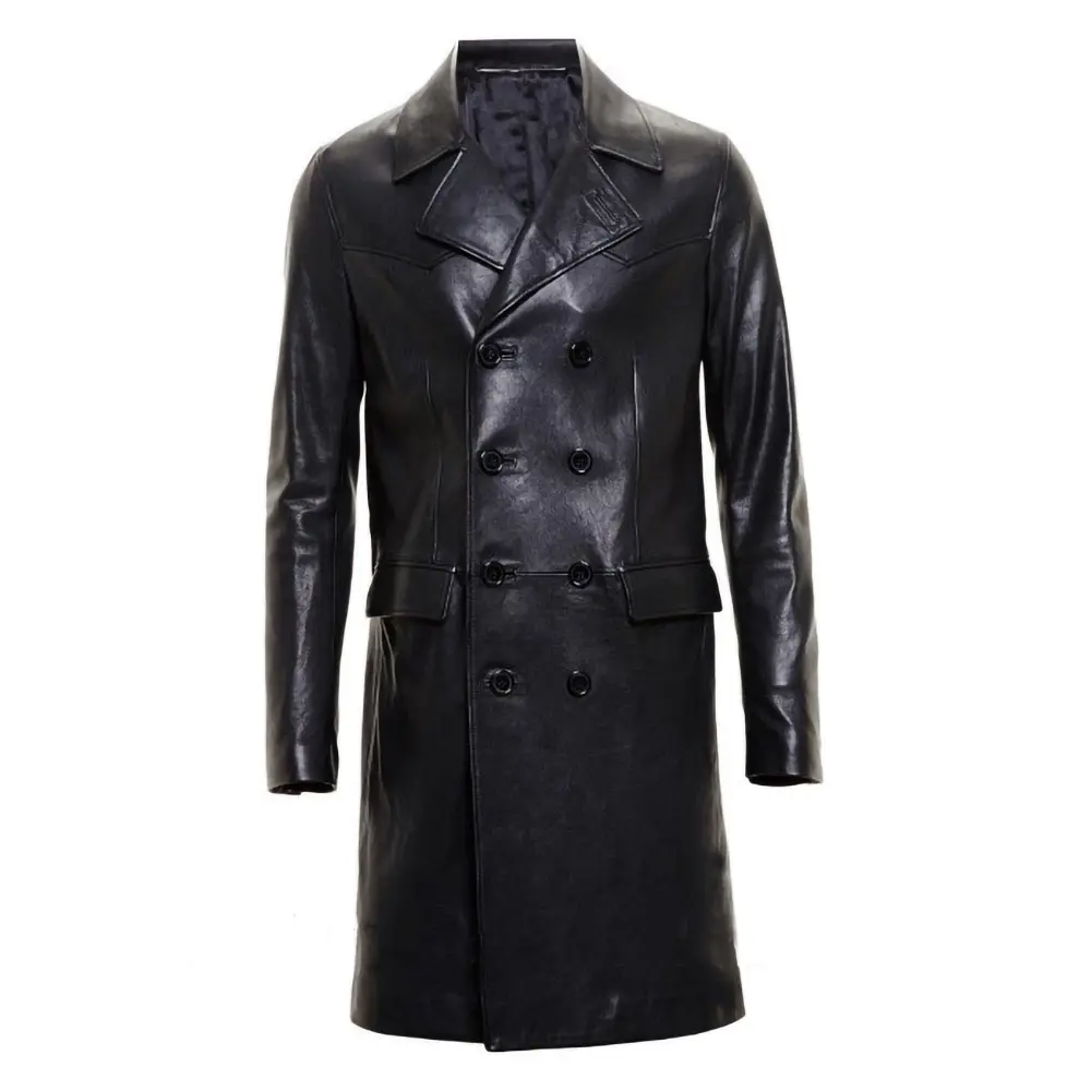 Most popular black double breasted men long leather trench coat with high quality