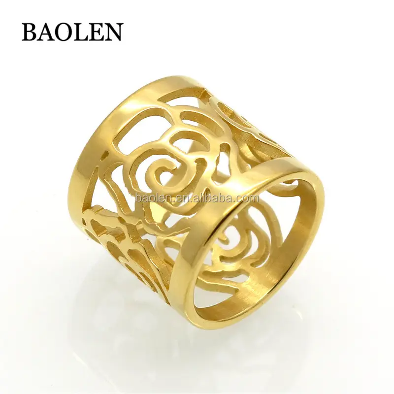 Top Quality Rose Flower Hollowing Craft Gold Color Ring Fashion Brand Jewelry Stainless Steel Ring Wholesale