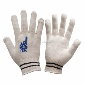Two lines on cuff natural white cotton knitted safety working gloves
