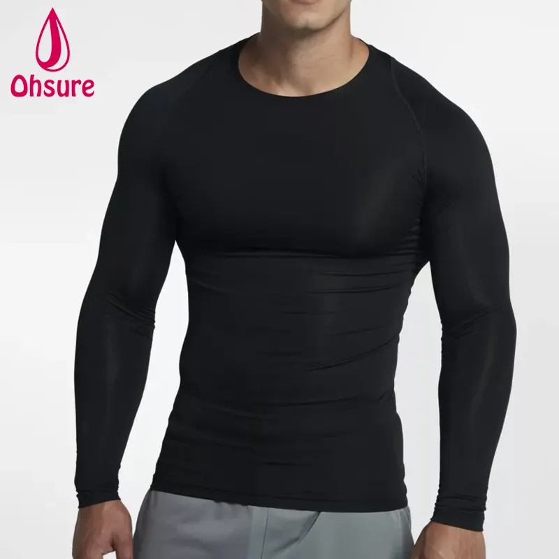 Mens fitness clothing muscle fit long sleeve plain black custom gym t shirt with mesh breathable design