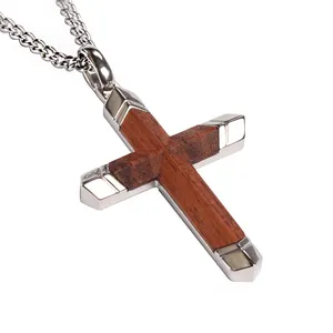 Jewelry Men Large Christian Stainless Steel Wood Cross Necklace Pendant