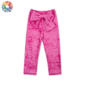 Kids Solid Hot Pink Velvet Material Pants Little Kids Sweat Pants With Big Bow On The Back Cheap Baby Girl Pants Wholesale Price