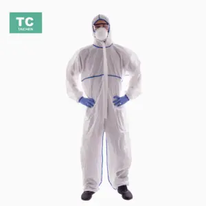 SMS Coverall Được May Và Đường May Ràng Buộc Màu Xanh, Trùm Đầu