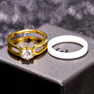 세라믹 반지 2 층 블랙/화이트 세라믹 크리스탈 결혼 반지 보석 AAA 지르콘 스테인레스 스틸 라인 석 약혼 - Product Image 6