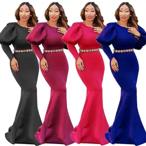 YQ584 free shipping plain color fish cut puff sleeve long bodycon elegant lady evening casual dress