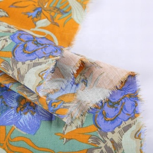 Tissu imprimé à grandes fleurs en lin 55% et coton 45% tissé violet jaune mexicain avec élasthanne pour <span class=keywords><strong>robe</strong></span> - Product Image 5
