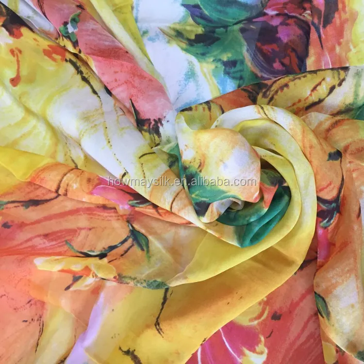 Howmay digital print silk fabric chiffon for scarf, dress, shirt, decoration