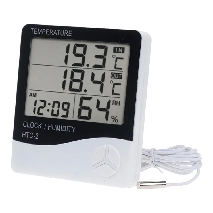 China manufacture large screen indoor and outdoor digital temperature and humidity meter with alarm clock HTC-2