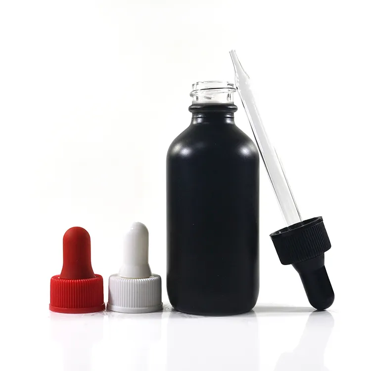 Botol Kaca Bulat Hitam Boston Matte, 2 Oz 60Ml dengan Tutup Penitis untuk Minyak Esensial