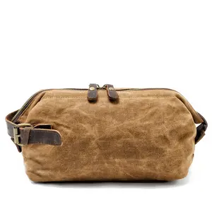 Personalized Men Shaving Classic Dopp Kit with Leather Handle Waxed Canvas <strong>Travel</strong> Cosmetic <strong>Wash</strong> Toiletry <strong>Bag</strong> - Product Image 1