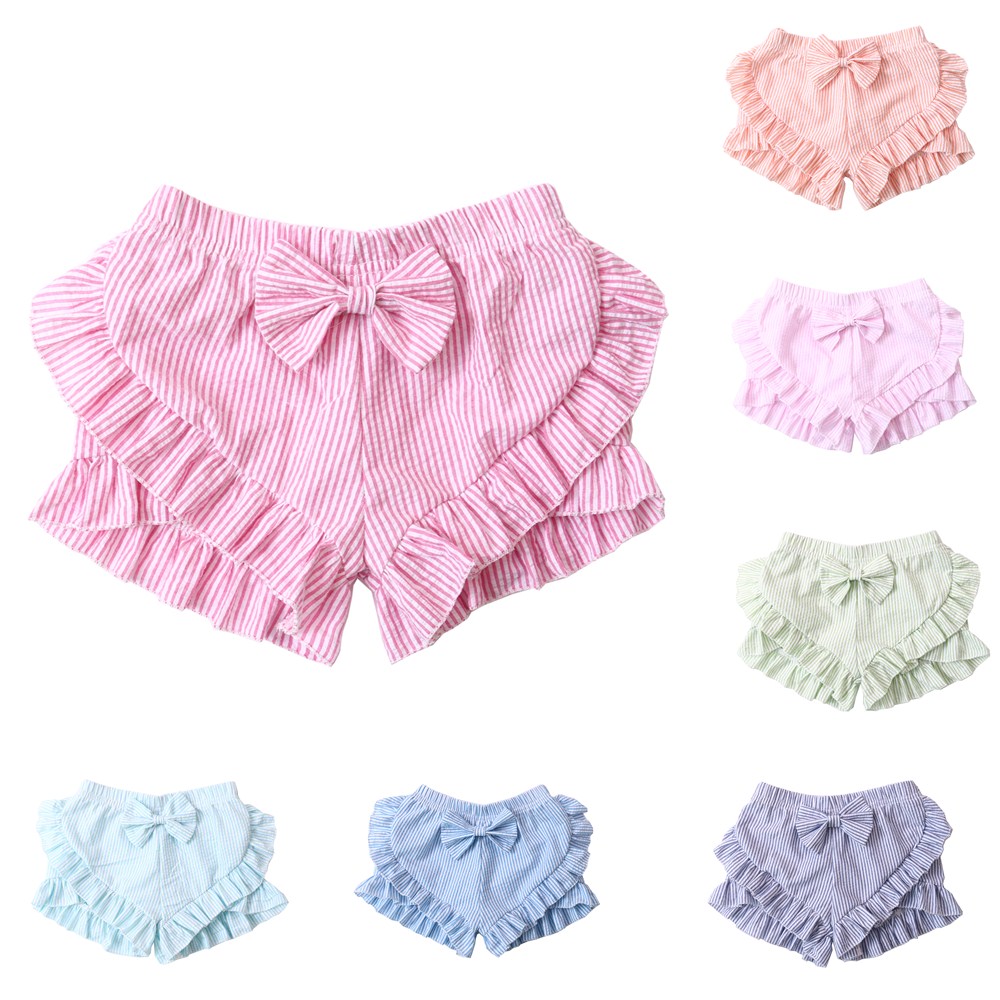 2023 оптовая продажа, хлопковые детские шорты seersucker с бантом и оборками, полосатые детские шорты для девочек