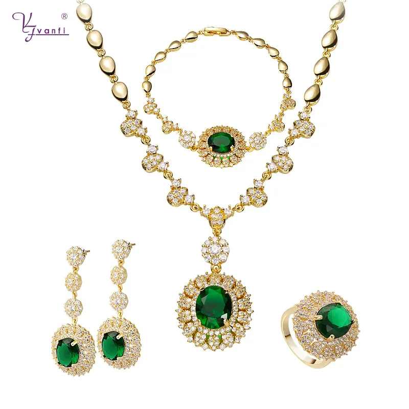 VANFI Set Perhiasan Emas 18K, Satu Set Perhiasan Tembaga Pengantin Unik Elegan Modis