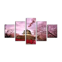 Fiori di ciliegio giapponese e il tempio pittura di paesaggio della tela di canapa di arte della parete di grandi dimensioni 5 pannello cuadros acrilico spray stampe decorazioni per la casa