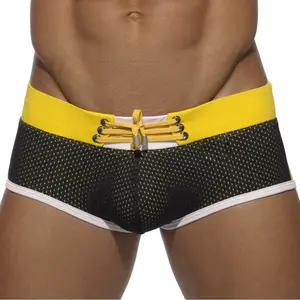 Sunga short masculina sexy de nylon, calção de banho para natação com cordão de malha amarela crescimento baixo