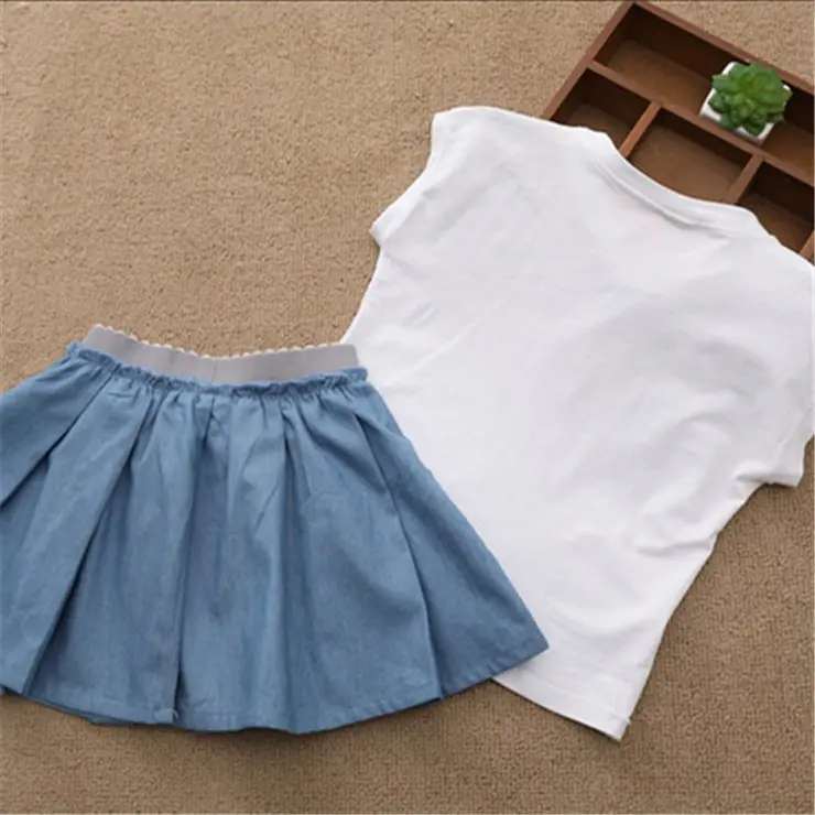 Детская одежда для девочек, новинка 2019, летний модный комплект, футболка из чистого хлопка, плиссированная юбка, комплект из двух предметов