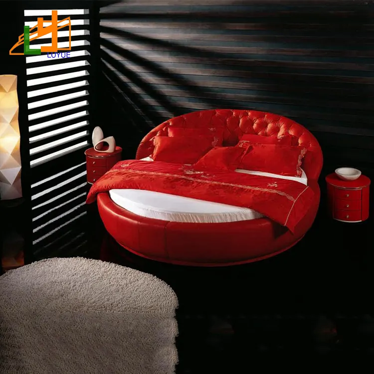 غرف نوم مودرن لينة الفاخرة الأحمر جولة أريكة جلدية أصلية السرير المنزل