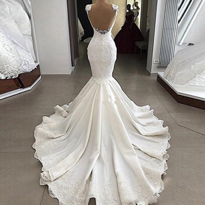 Real Photo Long Train Beaded Satin Mermaid Wedding <strong>Dresses</strong> <strong>with</strong> <strong>Pearls</strong> - Product Image 2