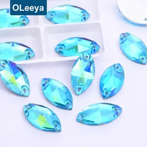 Kristal Aquamarine AB Aiguebelle Datar Kembali Kaca Jahit Membuat Perhiasan Berlian Imitasi Menjahit Pakaian untuk Wanita Gaun