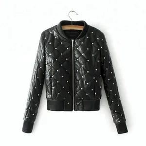 D & S fabrik dropshipping diamant muster allover niet punk gespickt lederjacke frauen bomber lederjacke