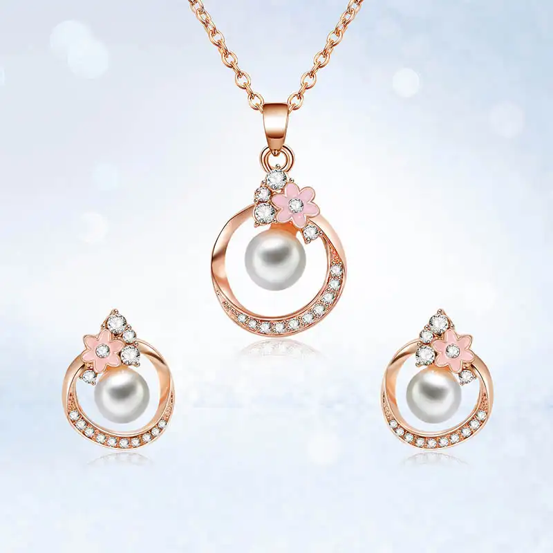 Perhiasan Pengantin Dubai Perhiasan Buatan, Set Perhiasan Berbentuk Hati, Set Perhiasan Kustom, Anting Kalung dengan Mutiara