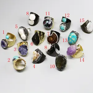 LS-D709 wholesale rhinestone cuff rings,fashion amazonite turquoise druzy stone ring,pave crytal pearl shell ring jewelry