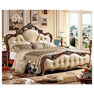 이탈리아 스타일 골동품 손으로 새겨진 나무 프레임 킹 사이즈 침대 전체 덮개를 씌운 가죽 더블 침대