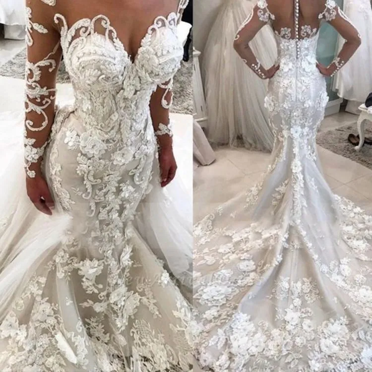 #6642 Spitze Langarm Illusion Luxus Perlen Meerjungfrau Moderne afrikanische Brautkleider Brautkleider 2020 mit abnehmbarem Zug