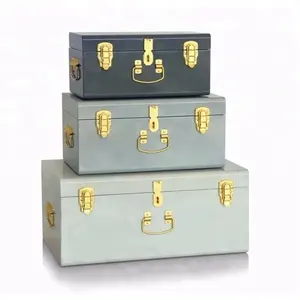 Set Of Three Home Design Bedding Decorative Metal Storage Trunk With Rose Gold Accessories